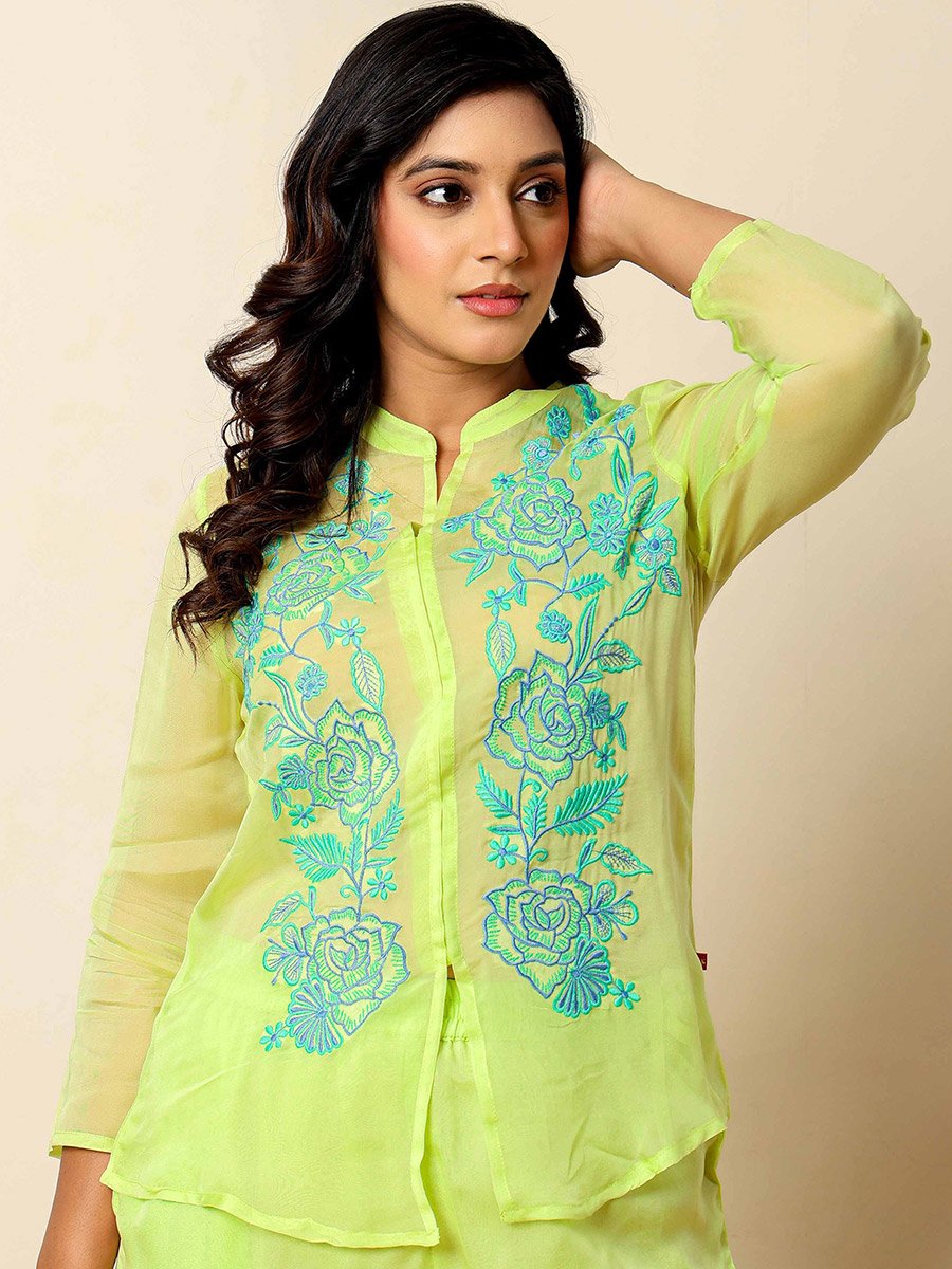 Women Green Embroidered Organza Tunic and Pants Co-Ords