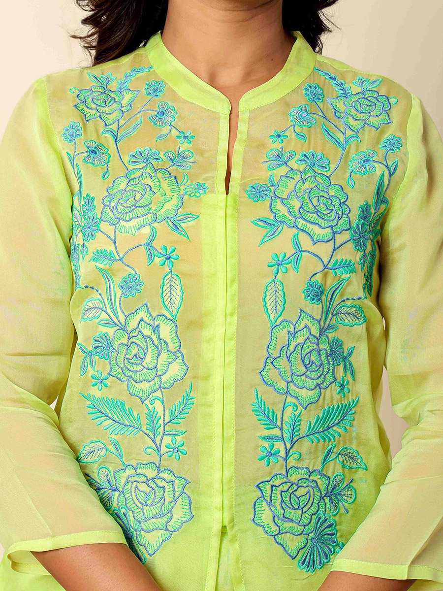 Women Green Embroidered Organza Tunic and Pants Co-Ords