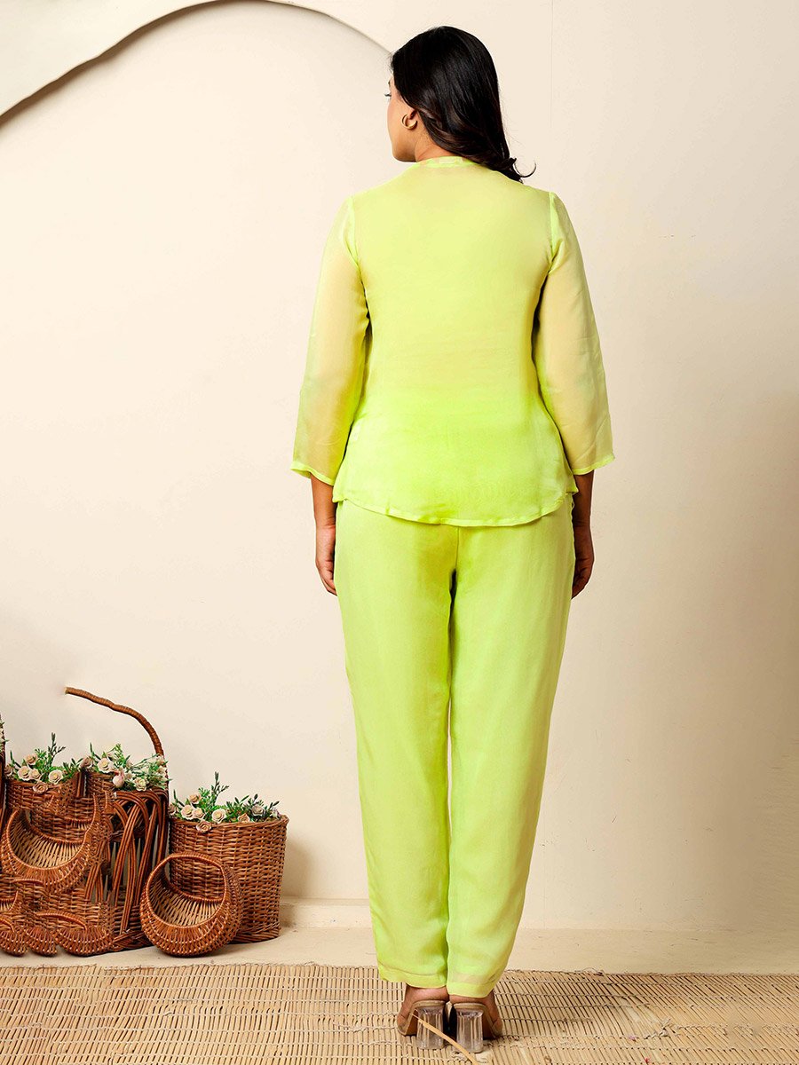 Women Green Embroidered Organza Tunic and Pants Co-Ords