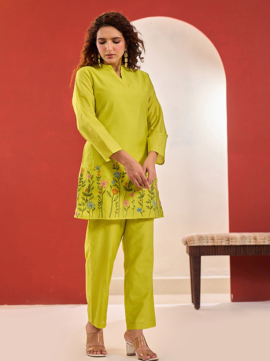 Women Lime Green Viscose Tunic and Pants Co-Ords