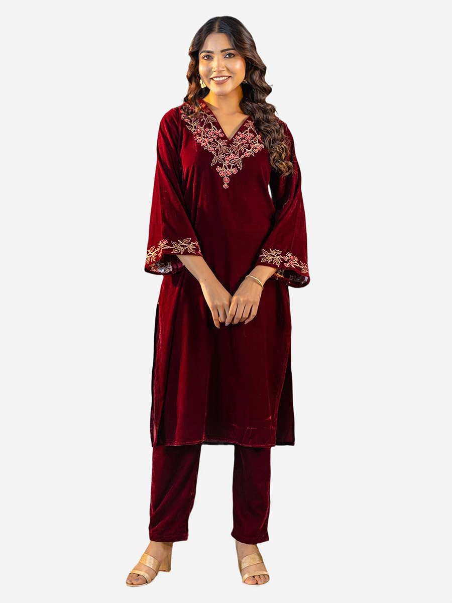 Women Velvet Look Embroidered Tunic and Pants Co-Ords