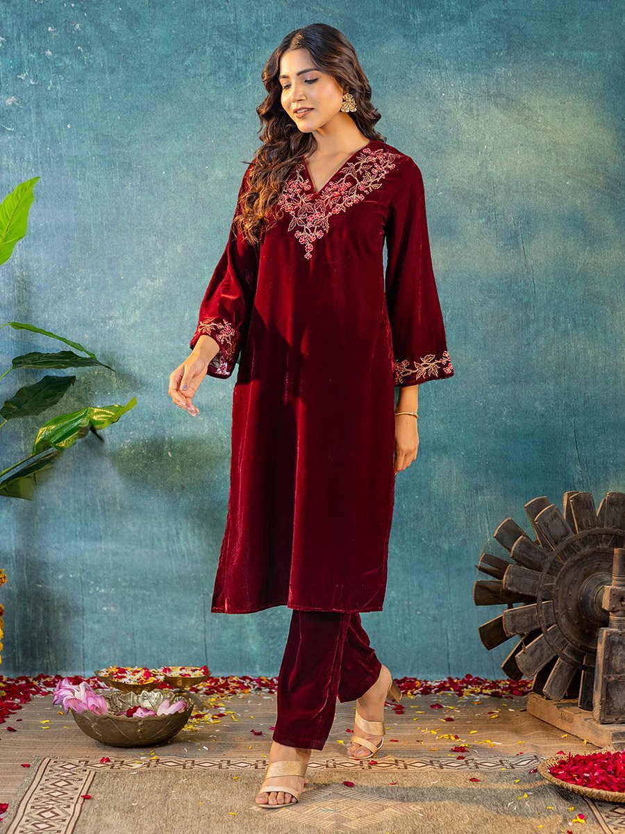 Women Velvet Look Embroidered Tunic and Pants Co-Ords