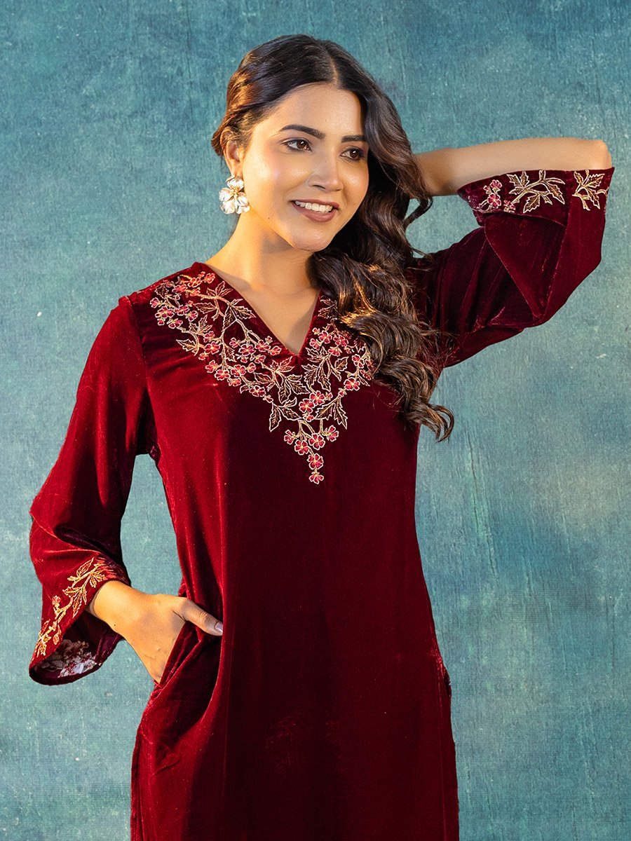 Women Velvet Look Embroidered Tunic and Pants Co-Ords