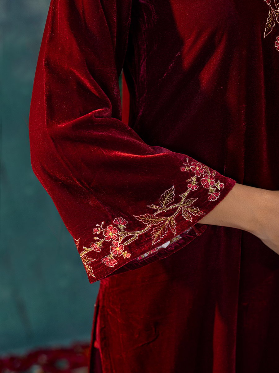 Women Velvet Look Embroidered Tunic and Pants Co-Ords