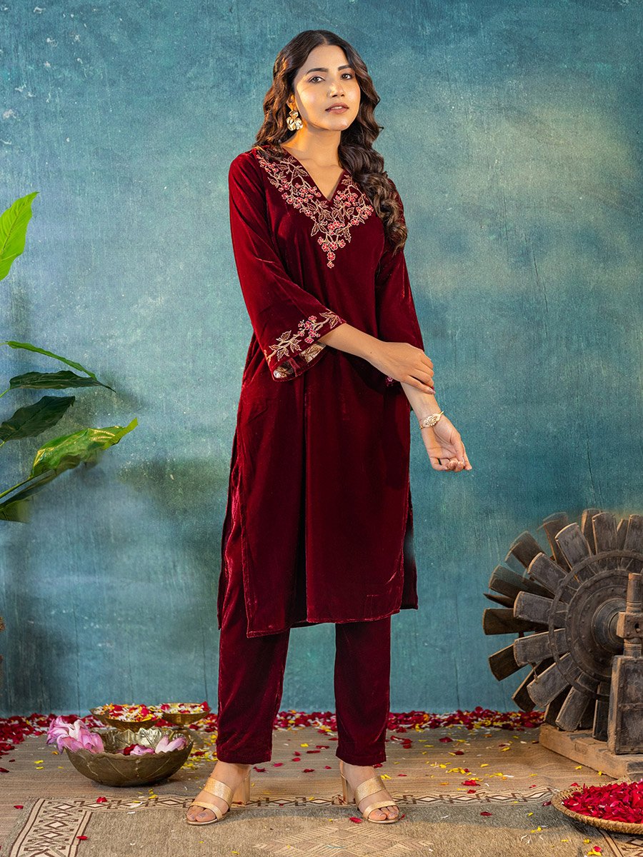 Women Velvet Look Embroidered Tunic and Pants Co-Ords