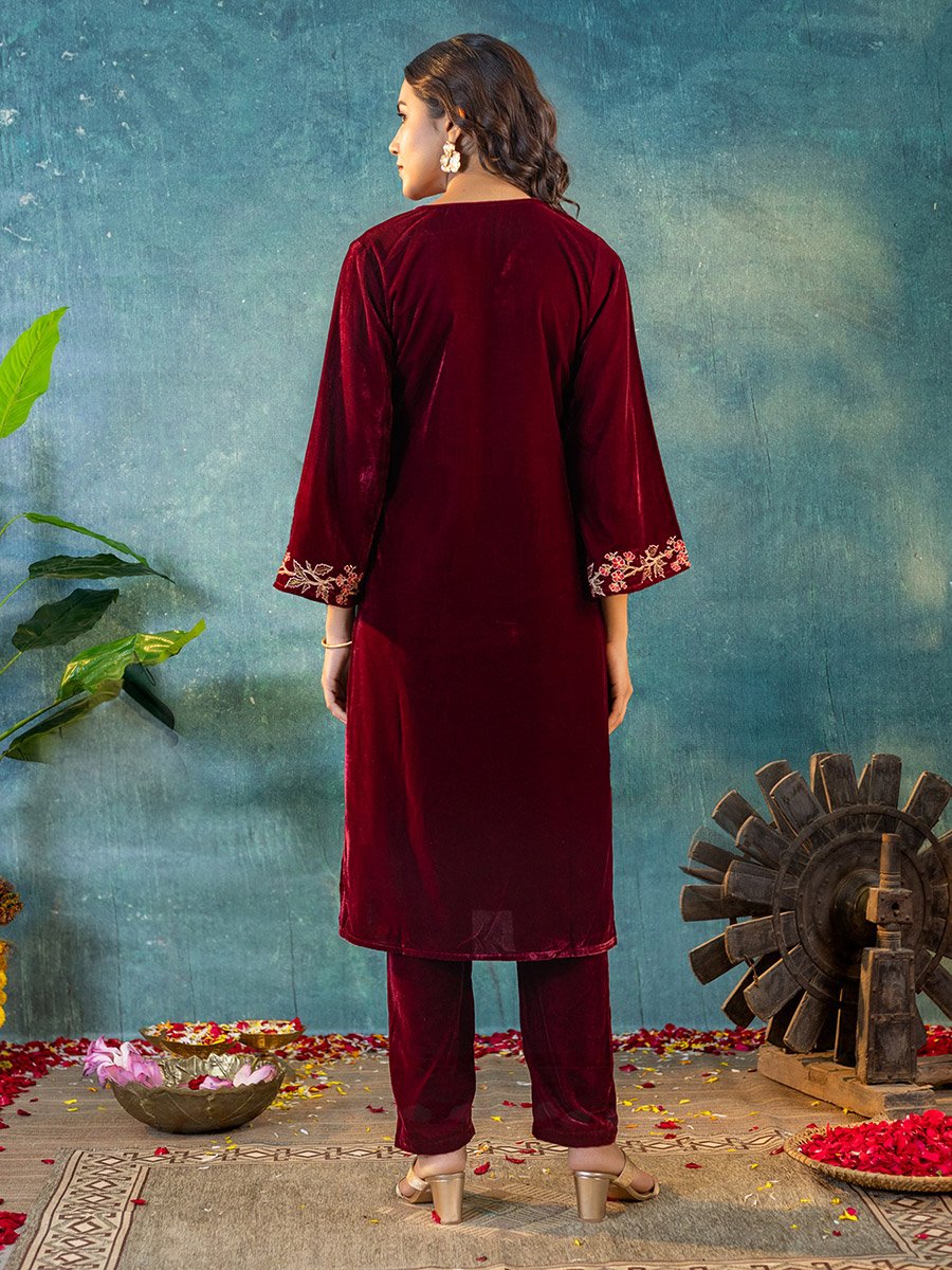 Women Velvet Look Embroidered Tunic and Pants Co-Ords
