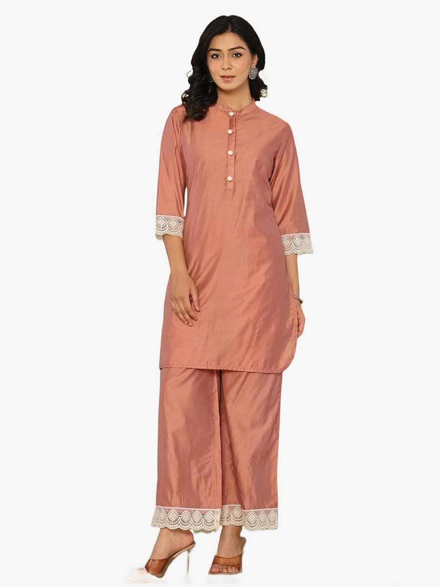 Women Brown Lace Trim Tunic and Pants Co-Ords