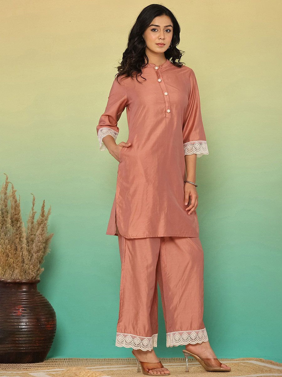 Women Brown Lace Trim Tunic and Pants Co-Ords