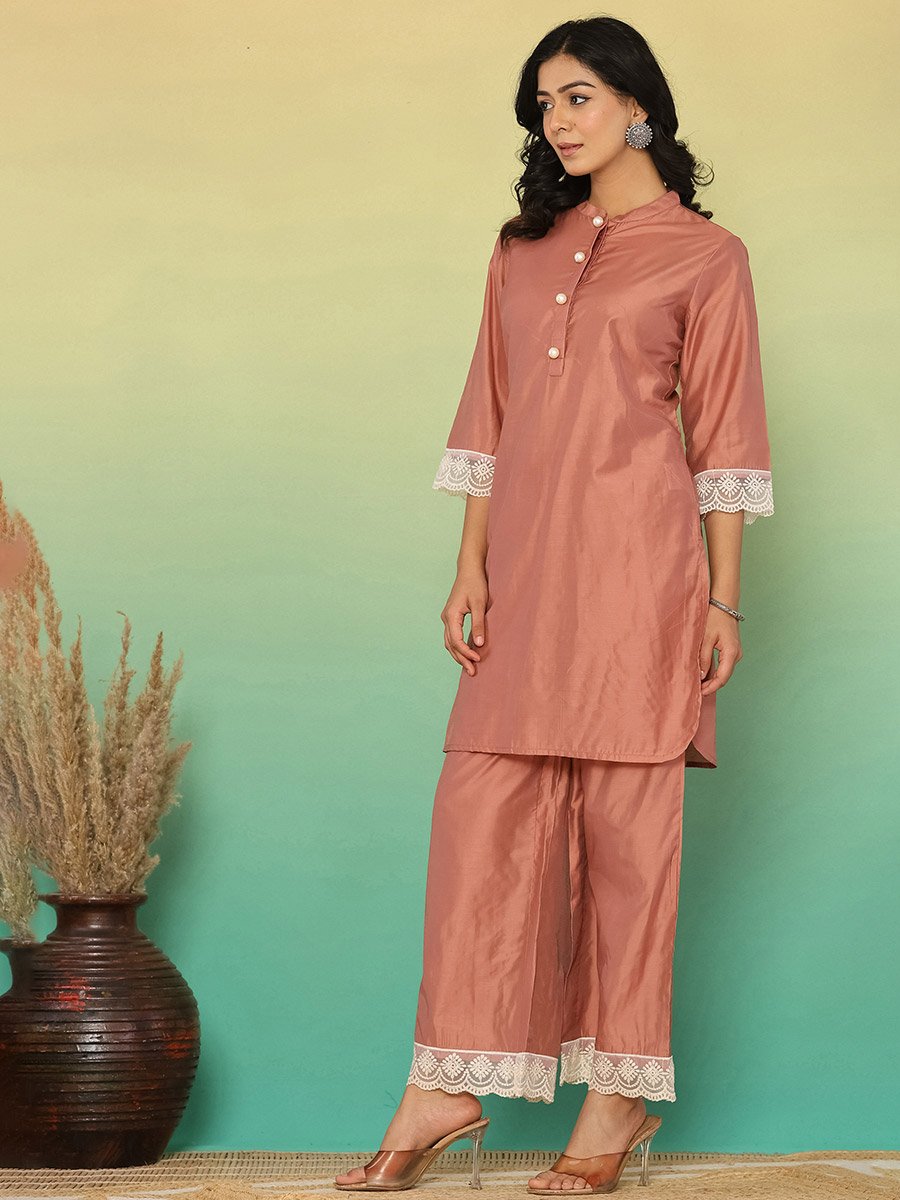 Women Brown Lace Trim Tunic and Pants Co-Ords