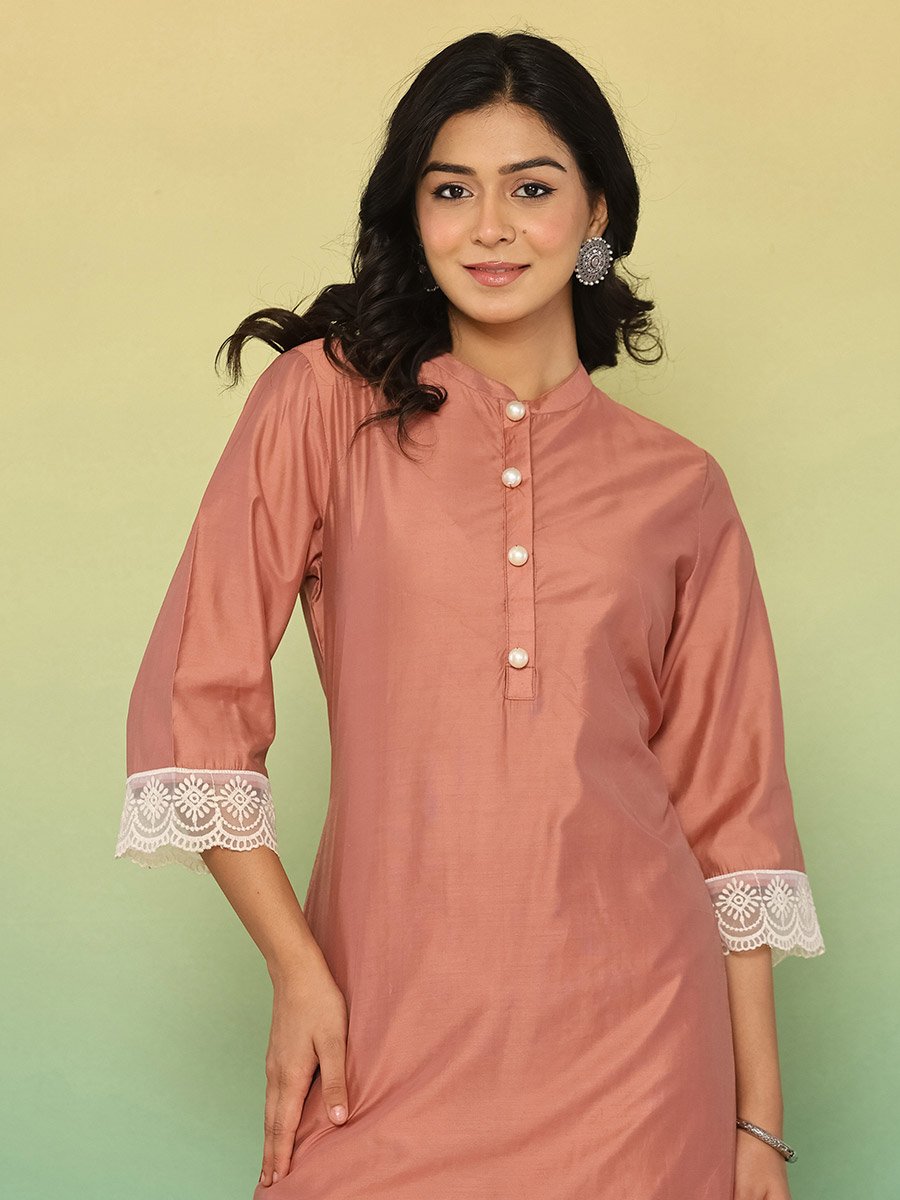 Women Brown Lace Trim Tunic and Pants Co-Ords