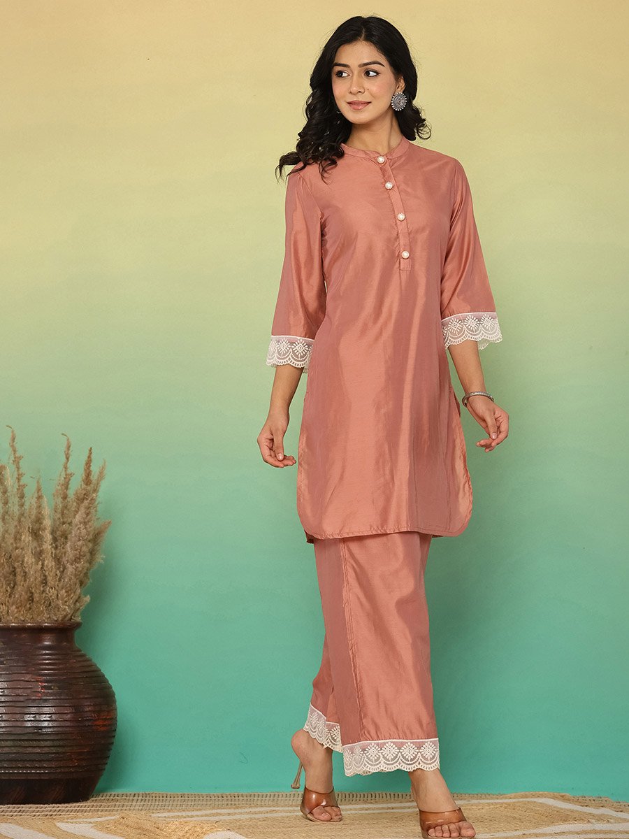 Women Brown Lace Trim Tunic and Pants Co-Ords
