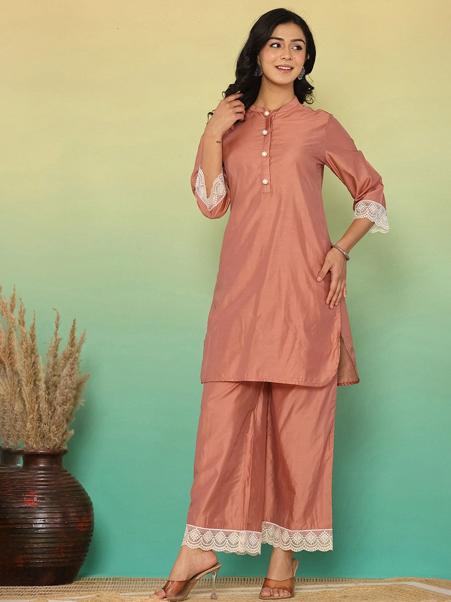 Women Brown Lace Trim Tunic and Pants Co-Ords