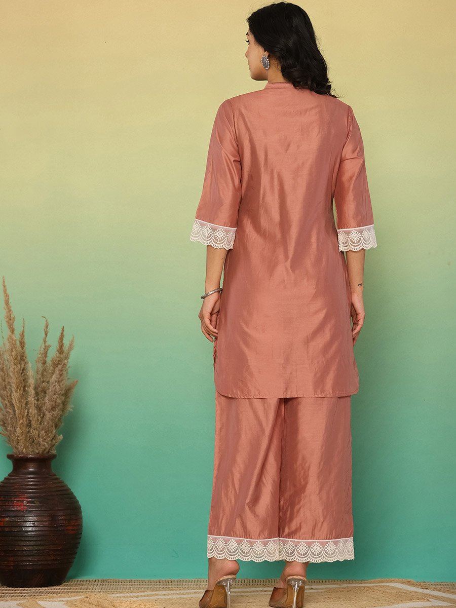 Women Brown Lace Trim Tunic and Pants Co-Ords