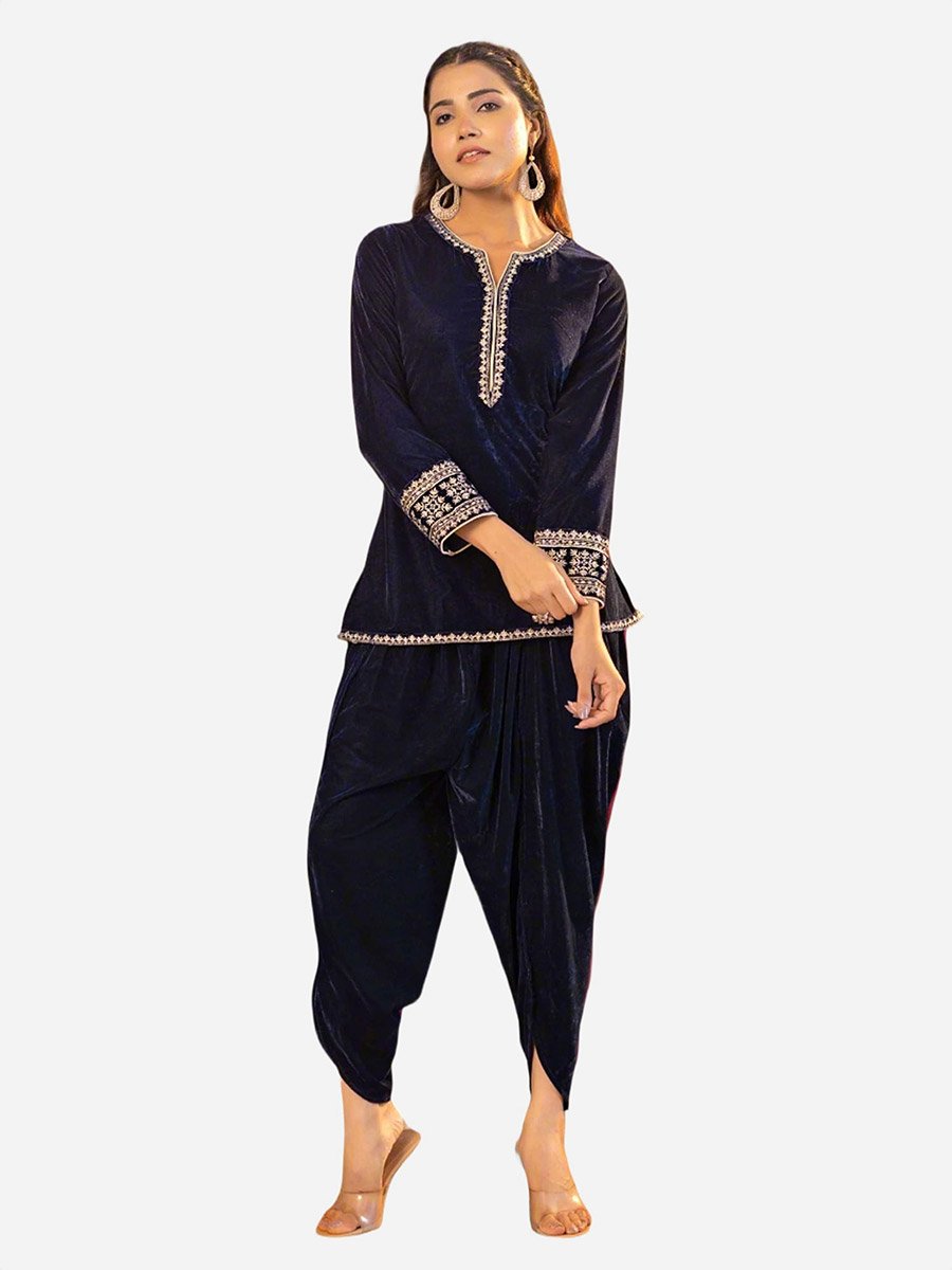Navy Blue Velvet Kurta and Dhoti Pants Co-Ords