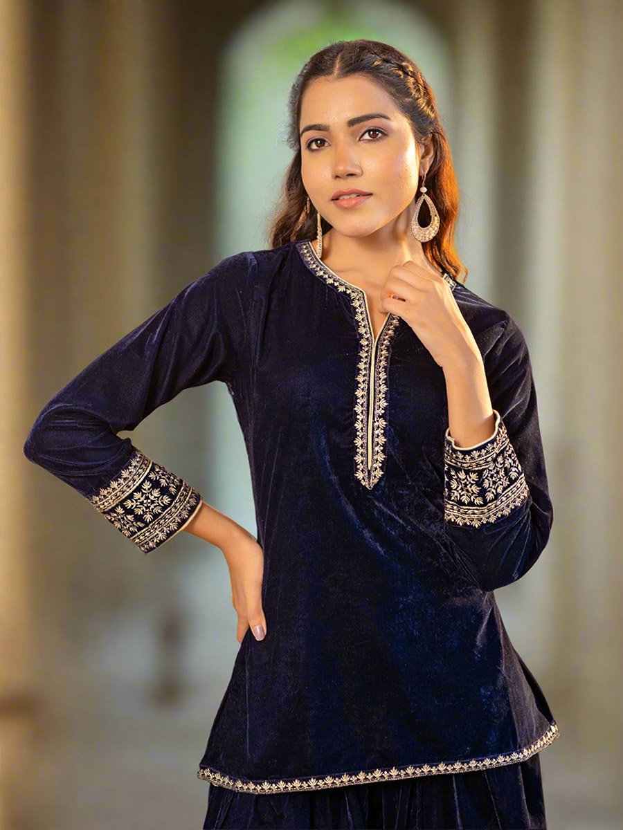 Navy Blue Velvet Kurta and Dhoti Pants Co-Ords