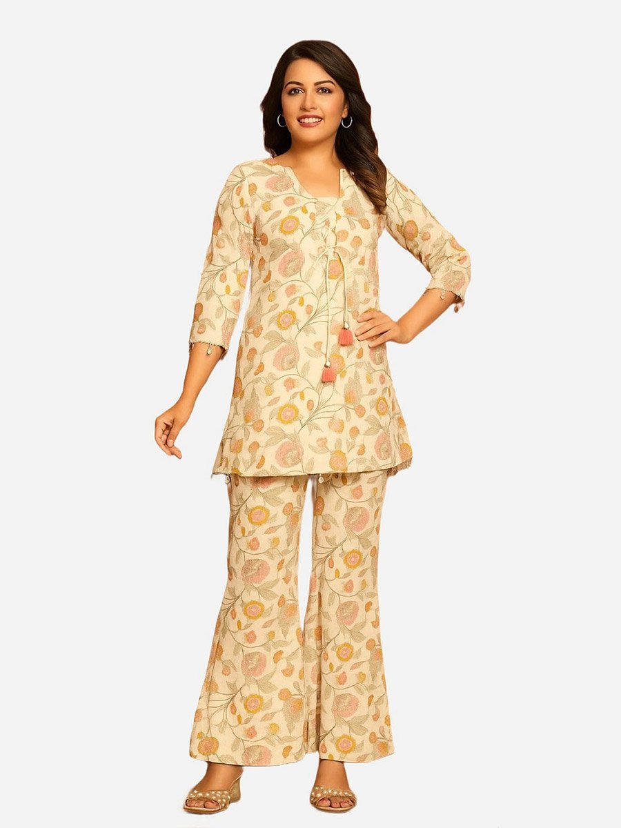 Off White Cotton Printed Top and Pants Co-ords