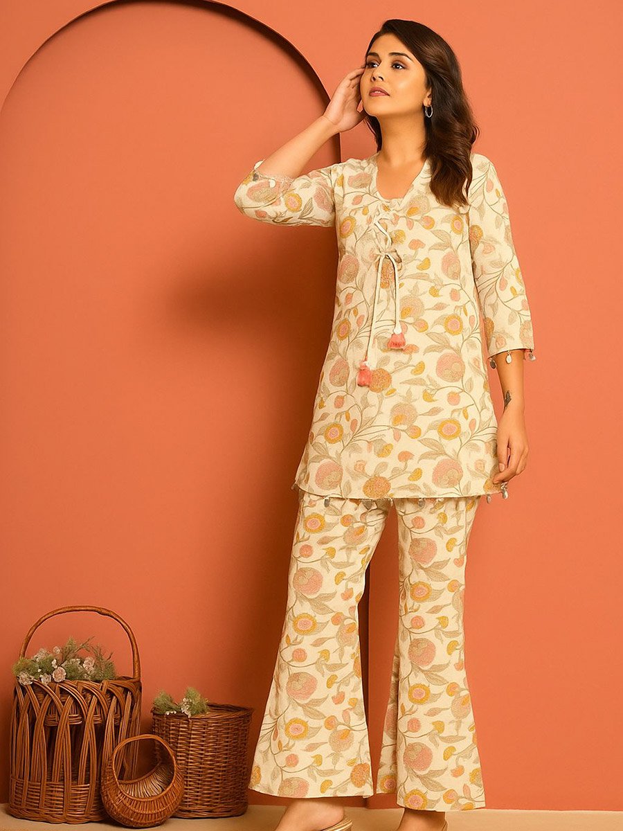 Off White Cotton Printed Top and Pants Co-ords