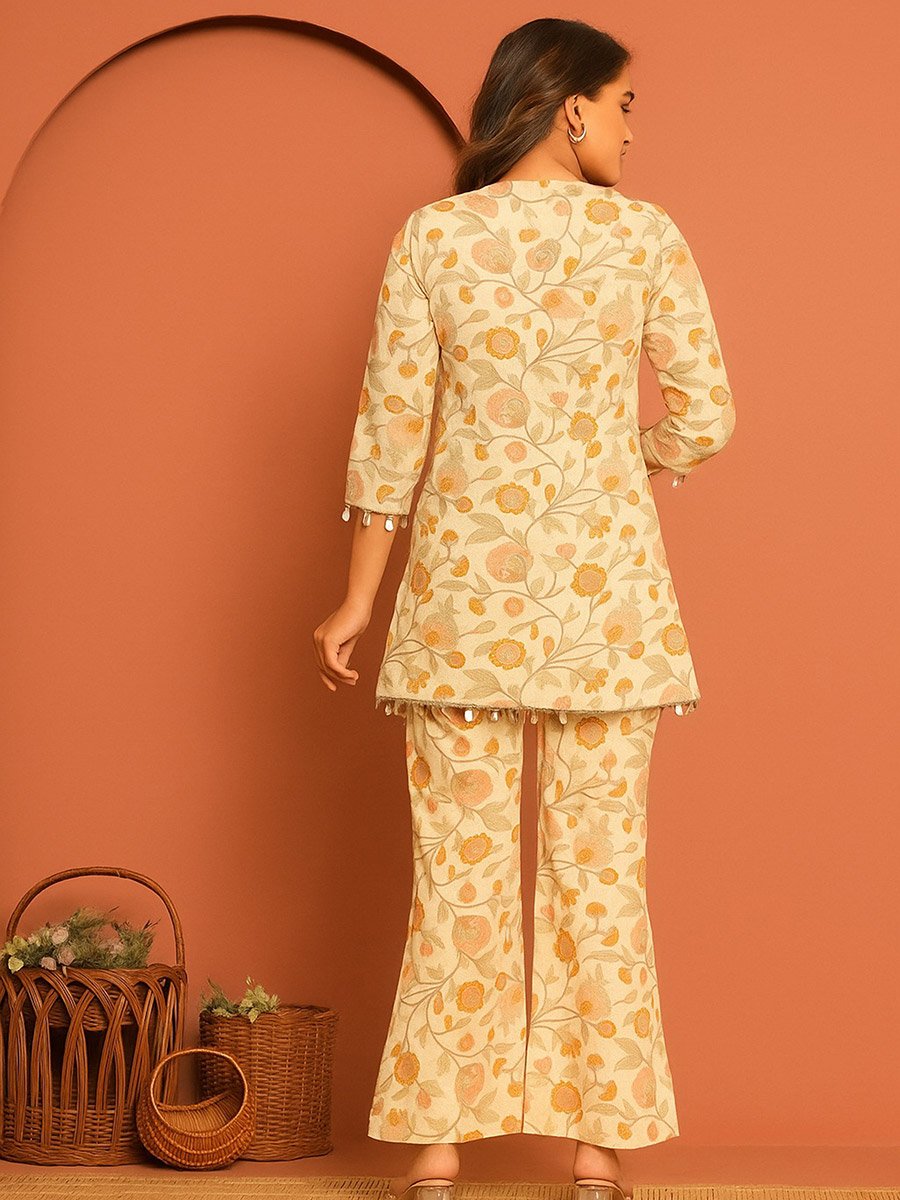 Off White Cotton Printed Top and Pants Co-ords