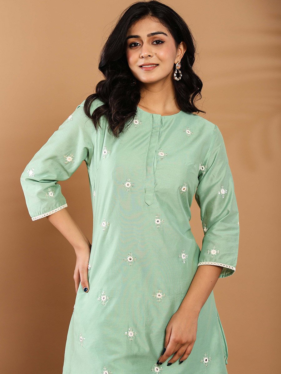 Women Pastel Green Embroidered Tunic and Pants Co-Ords