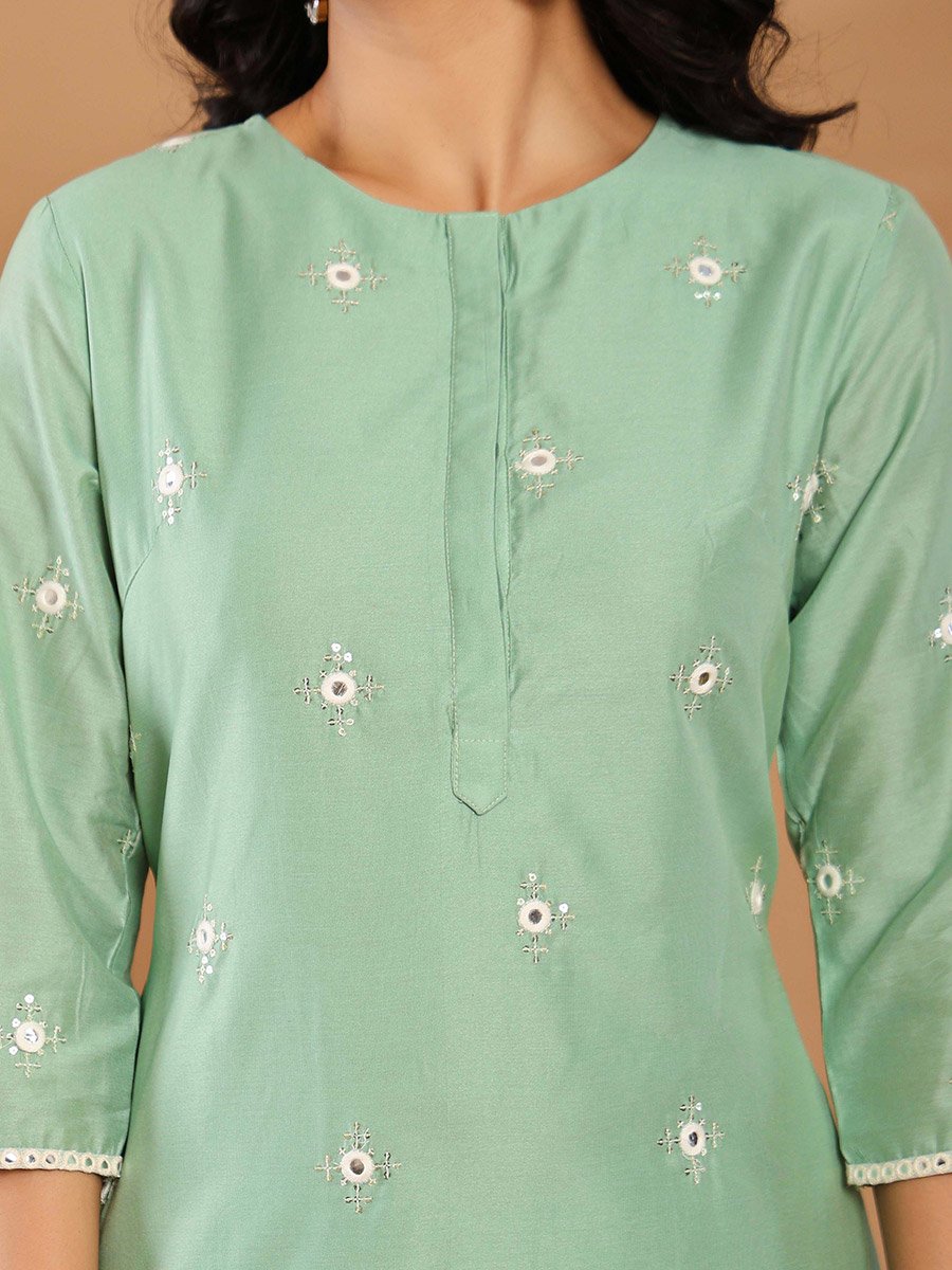 Women Pastel Green Embroidered Tunic and Pants Co-Ords