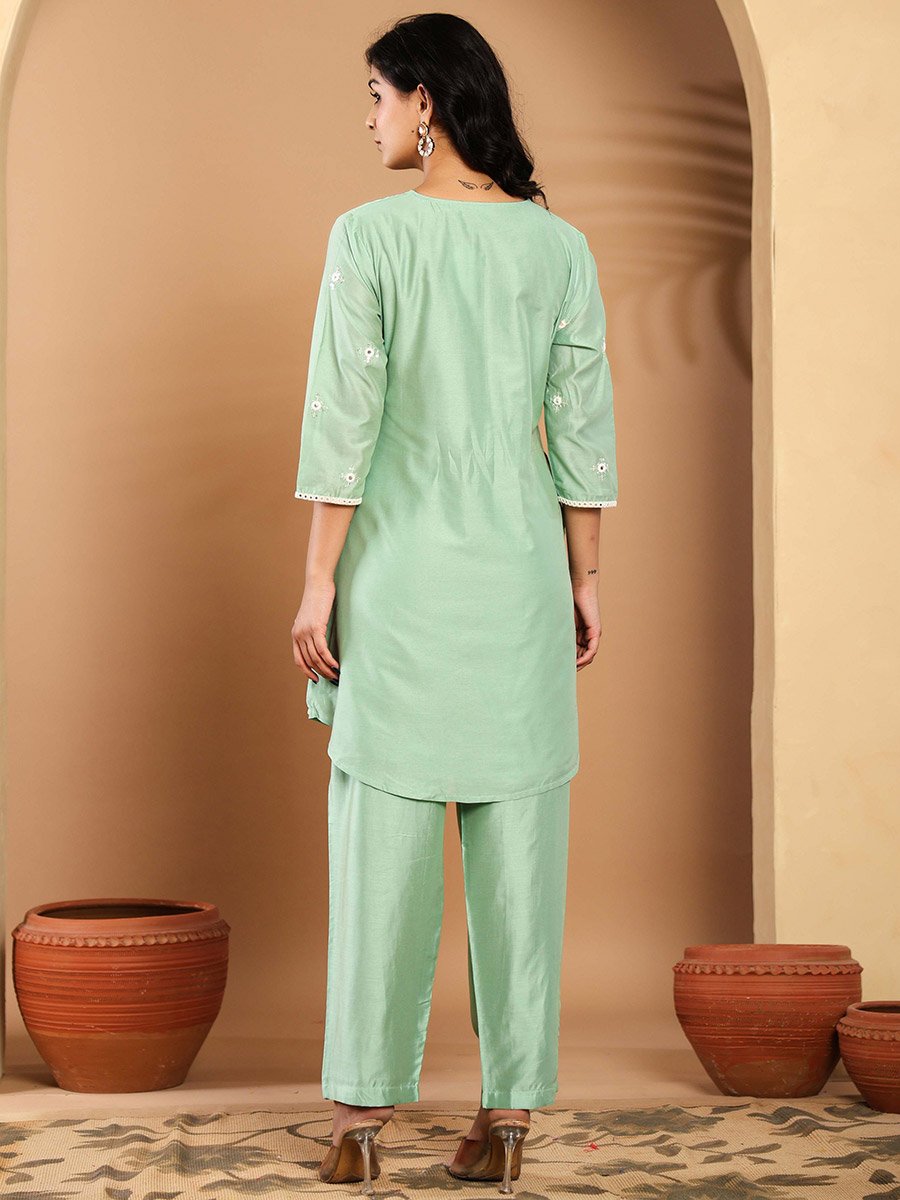 Women Pastel Green Embroidered Tunic and Pants Co-Ords