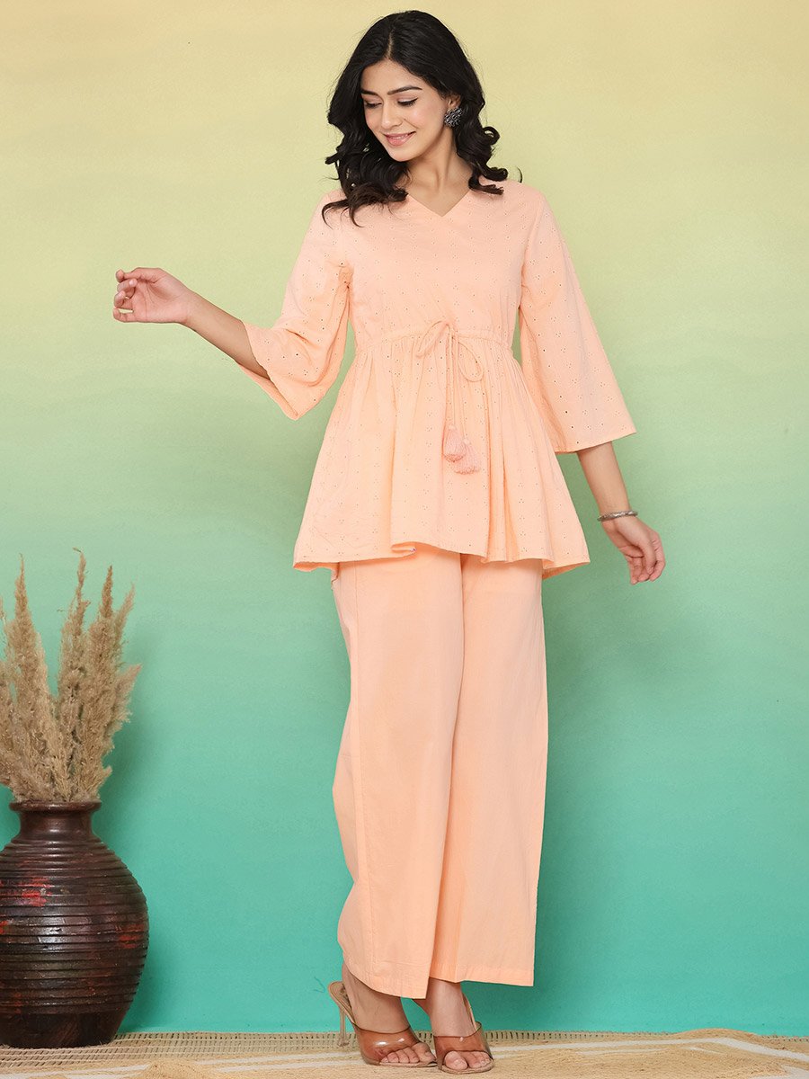 Women Pastel Orange Schiffli Embroidered Pure Cotton Top and Pants Co-Ords