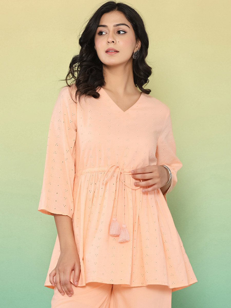 Women Pastel Orange Schiffli Embroidered Pure Cotton Top and Pants Co-Ords