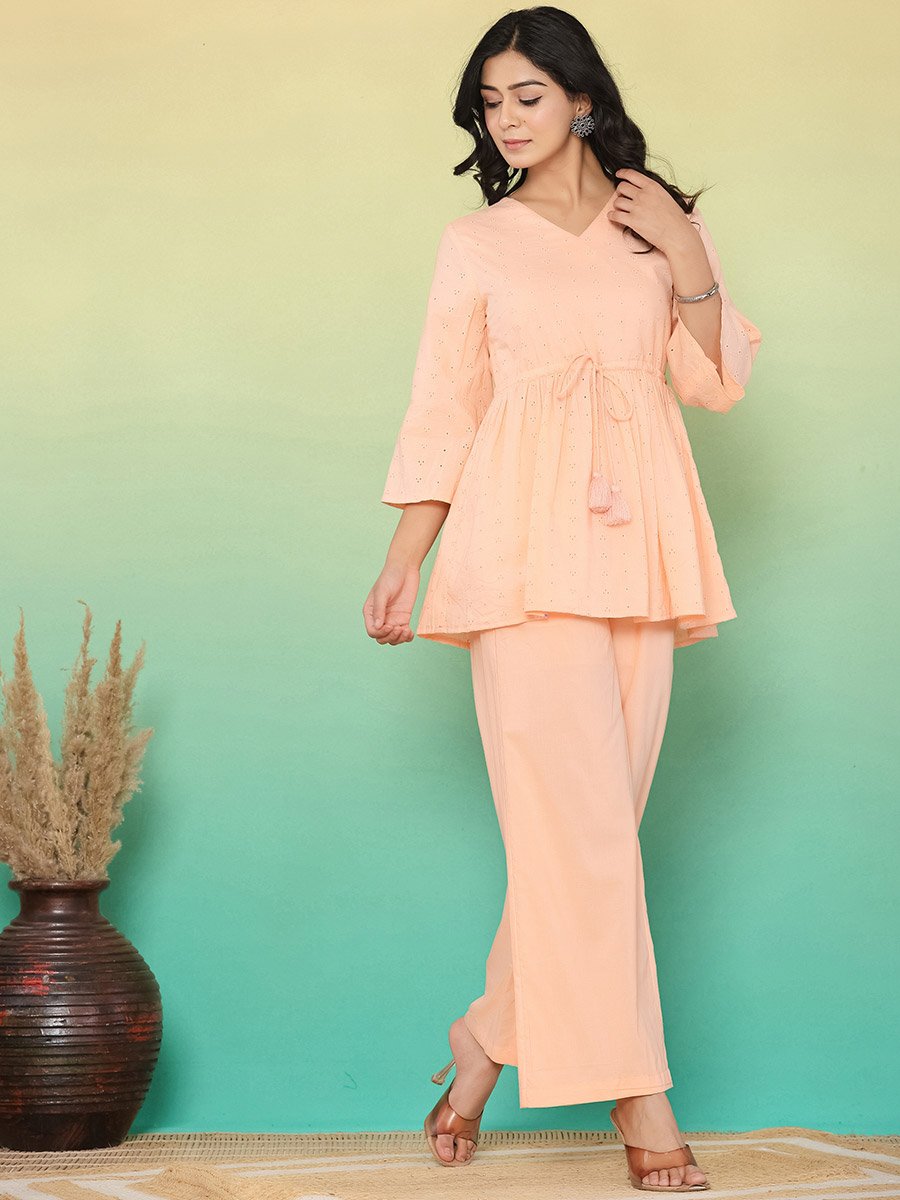 Women Pastel Orange Schiffli Embroidered Pure Cotton Top and Pants Co-Ords