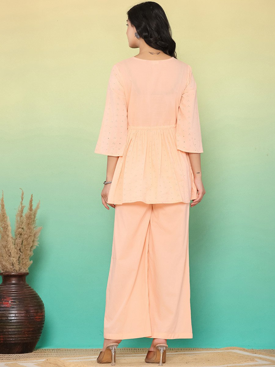 Women Pastel Orange Schiffli Embroidered Pure Cotton Top and Pants Co-Ords