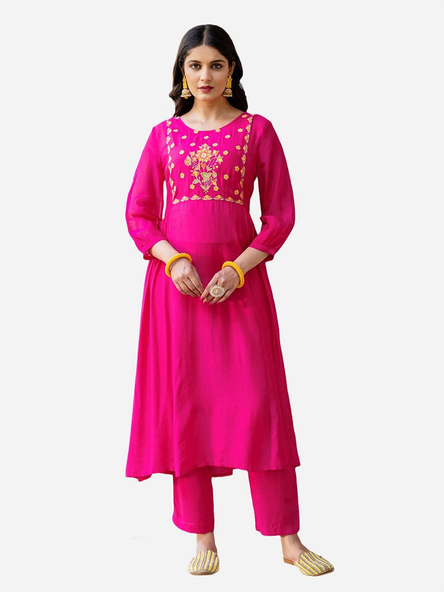 Pink Viscose Embroidered Tunic and Pants Co-Ords