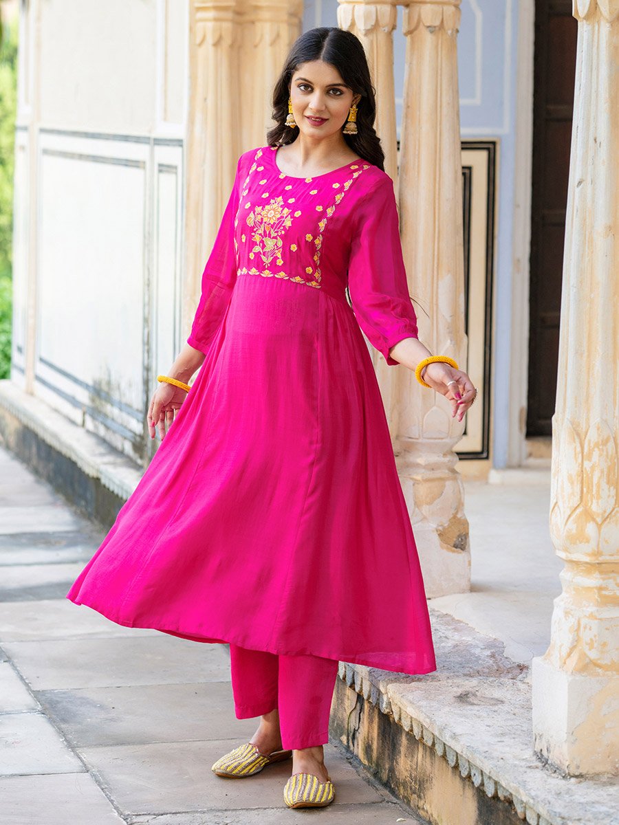 Pink Viscose Embroidered Tunic and Pants Co-Ords