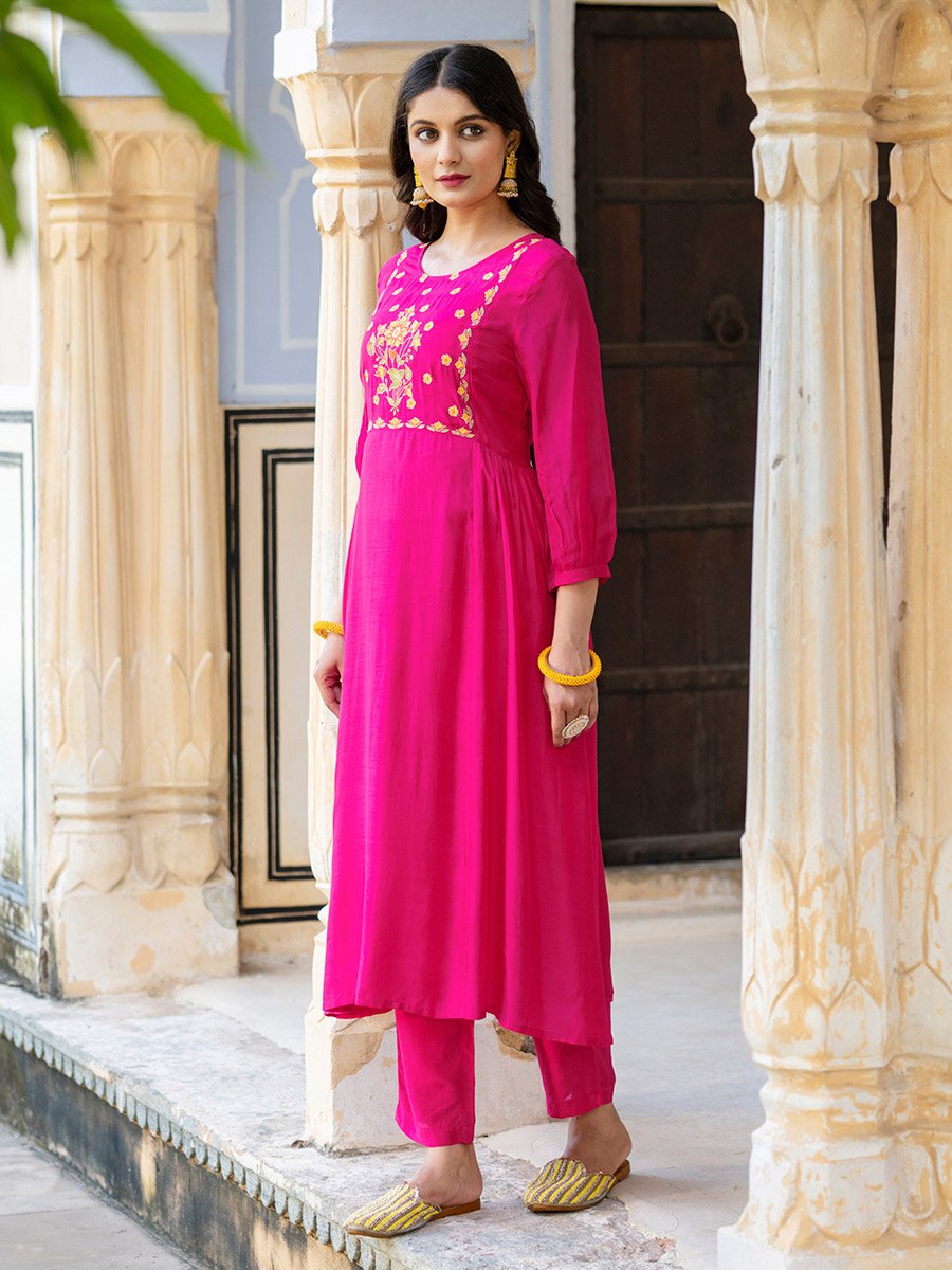 Pink Viscose Embroidered Tunic and Pants Co-Ords
