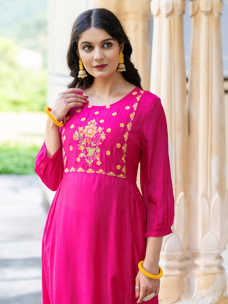 Pink Viscose Embroidered Tunic and Pants Co-Ords
