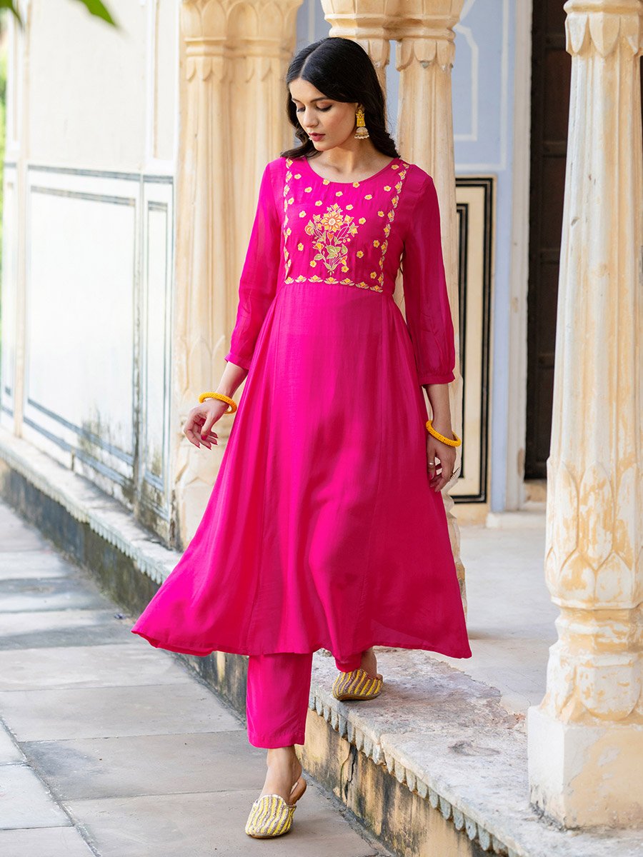 Pink Viscose Embroidered Tunic and Pants Co-Ords