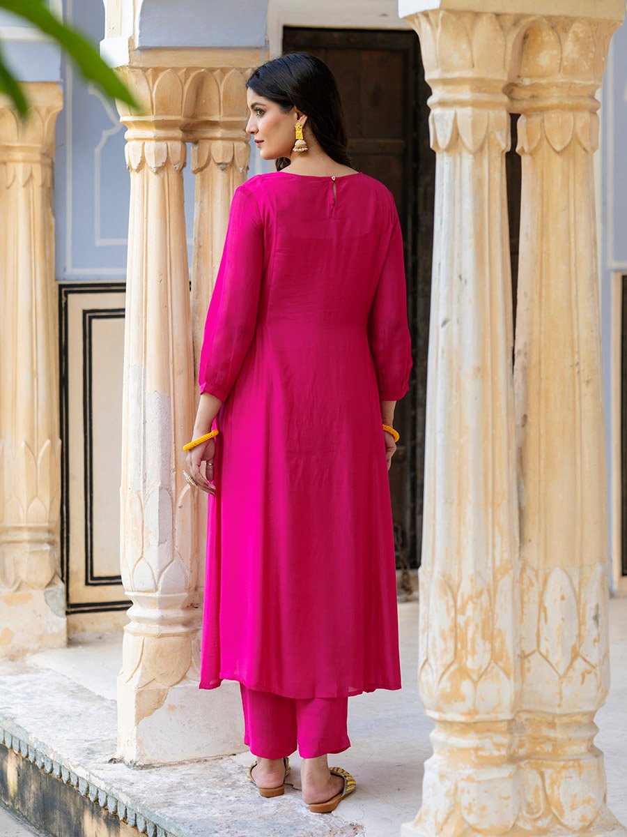 Pink Viscose Embroidered Tunic and Pants Co-Ords