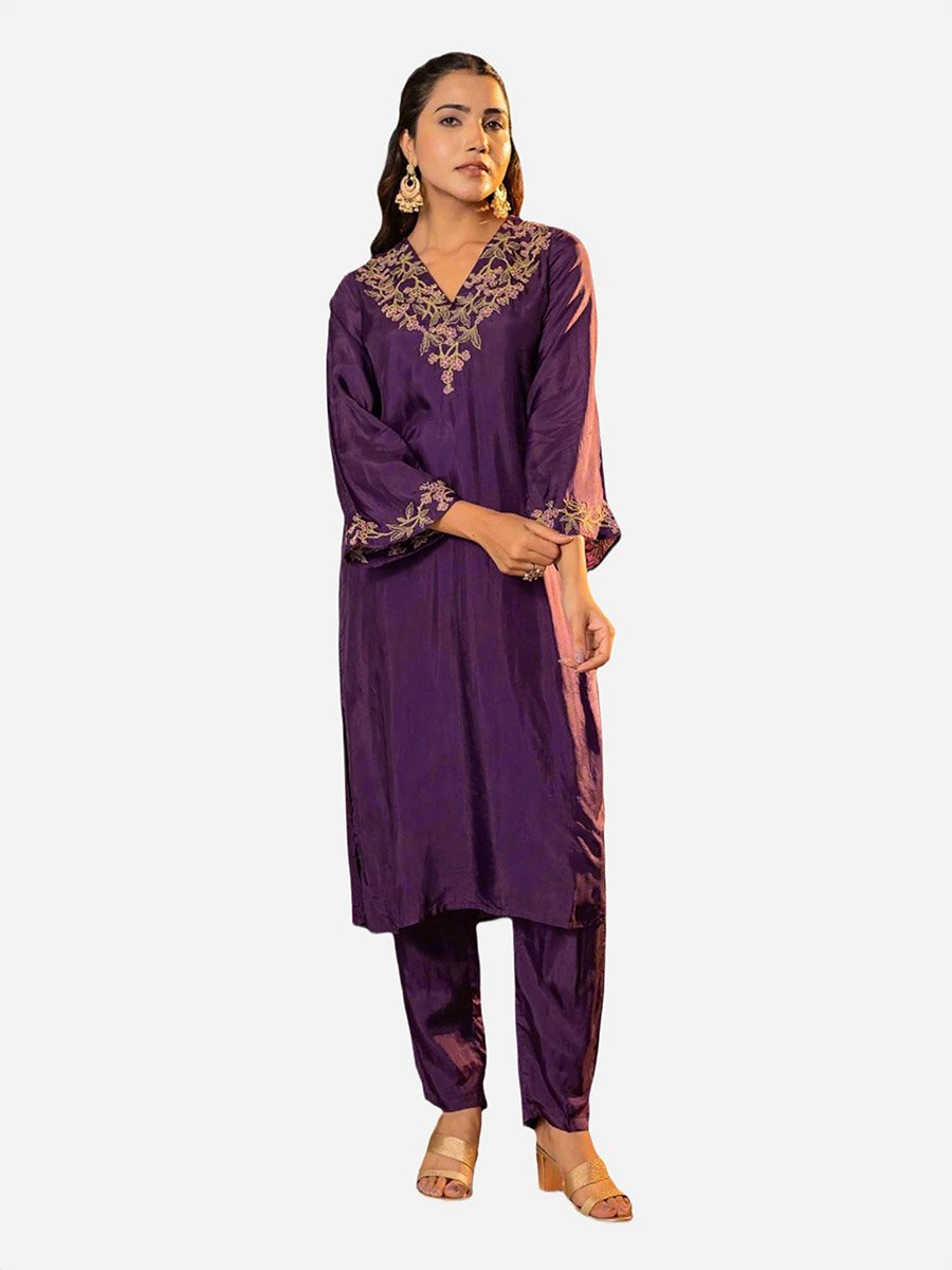 Purple Upada Silk Embroidered Tunic and Pants Co-Ords