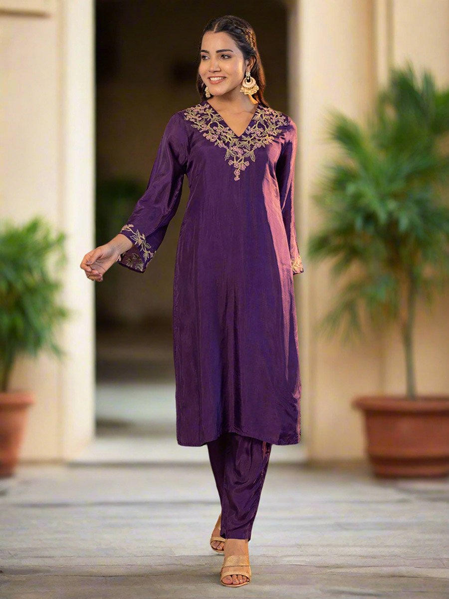 Purple Upada Silk Embroidered Tunic and Pants Co-Ords