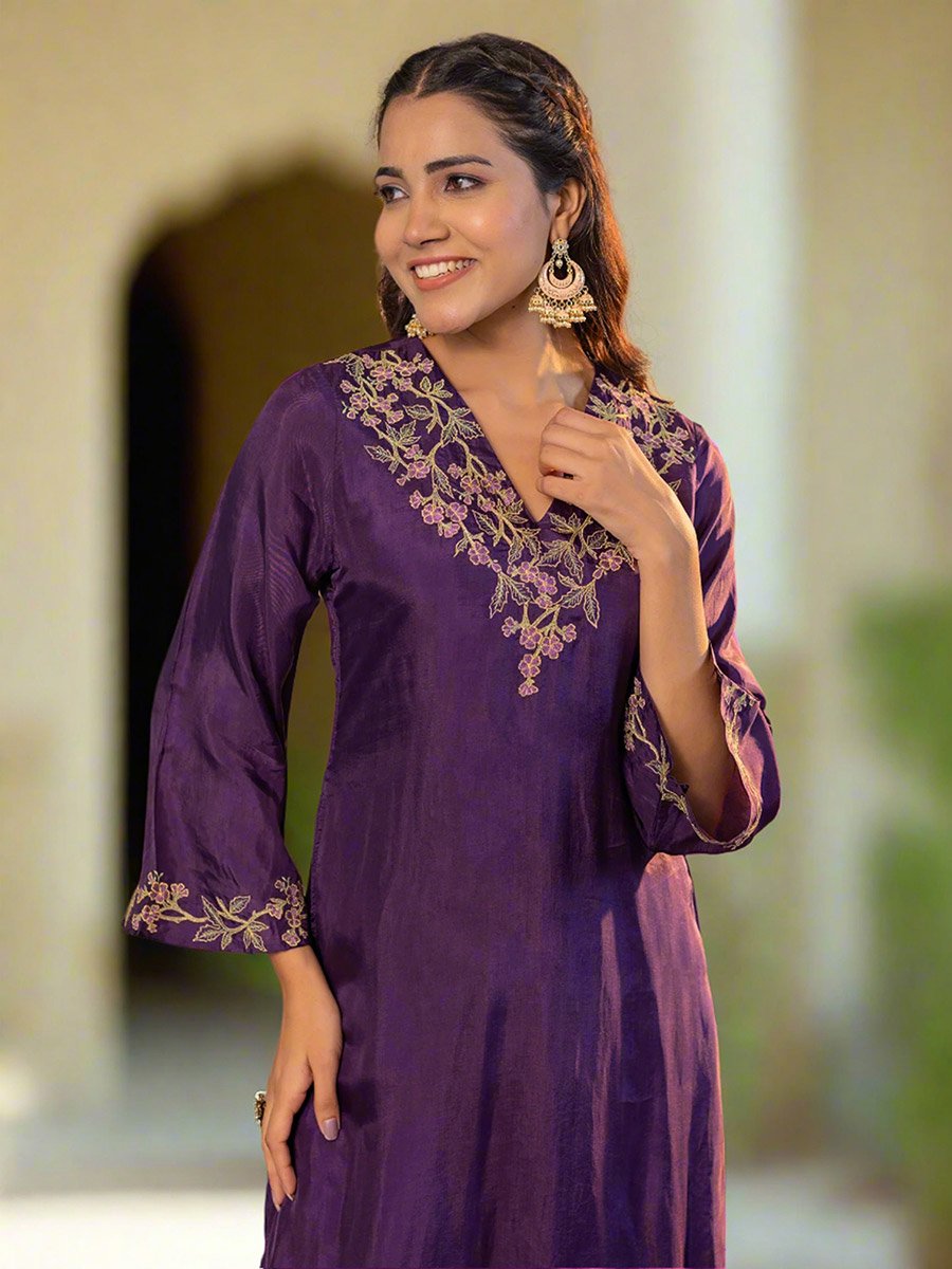 Purple Upada Silk Embroidered Tunic and Pants Co-Ords