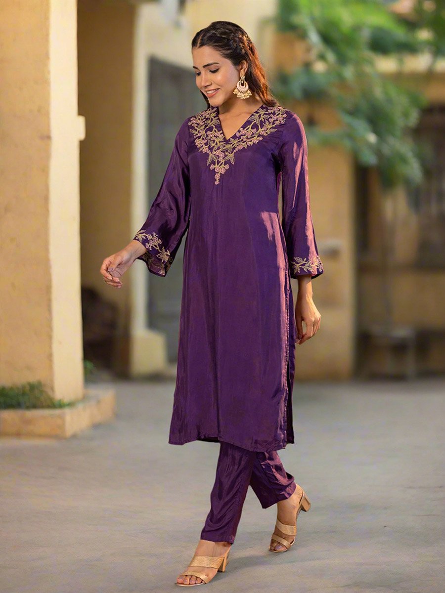 Purple Upada Silk Embroidered Tunic and Pants Co-Ords