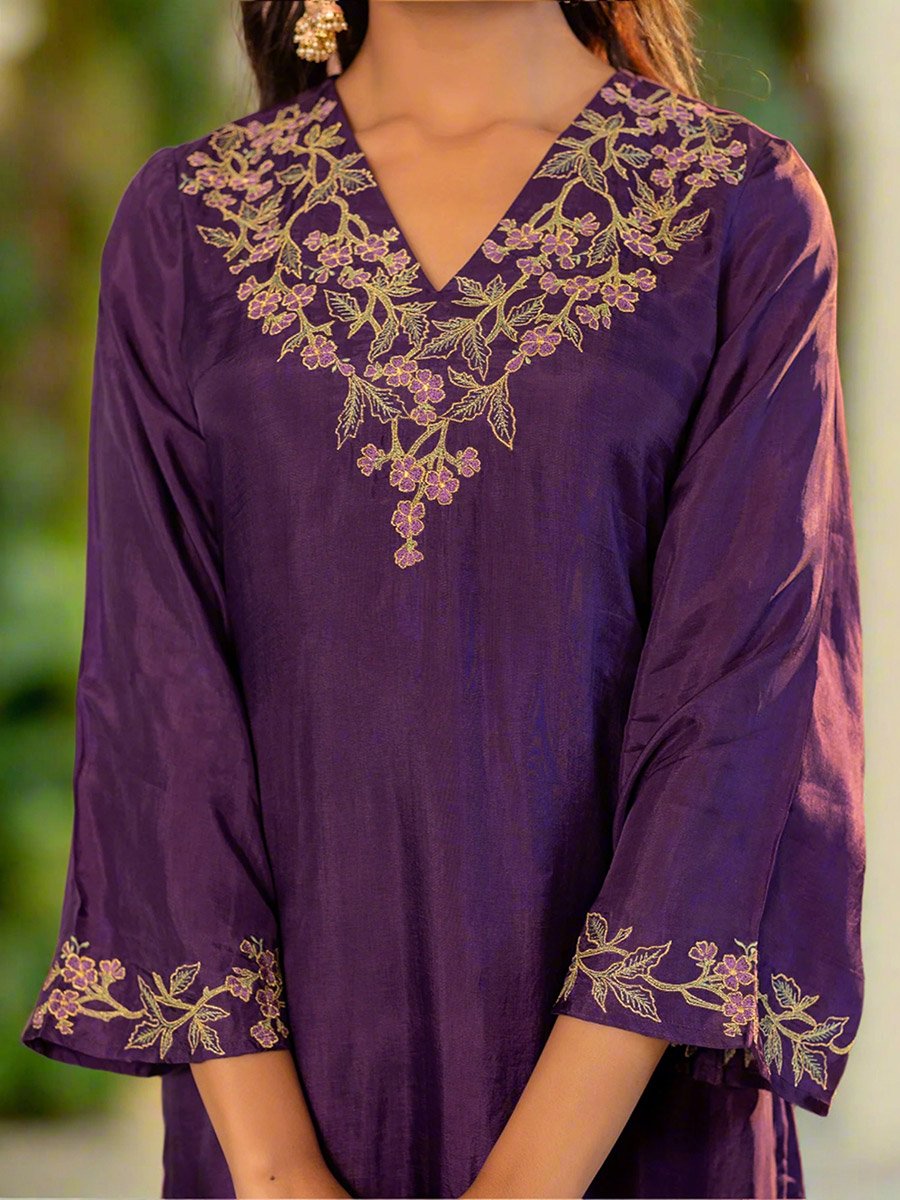 Purple Upada Silk Embroidered Tunic and Pants Co-Ords