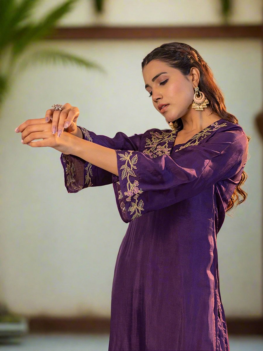 Purple Upada Silk Embroidered Tunic and Pants Co-Ords