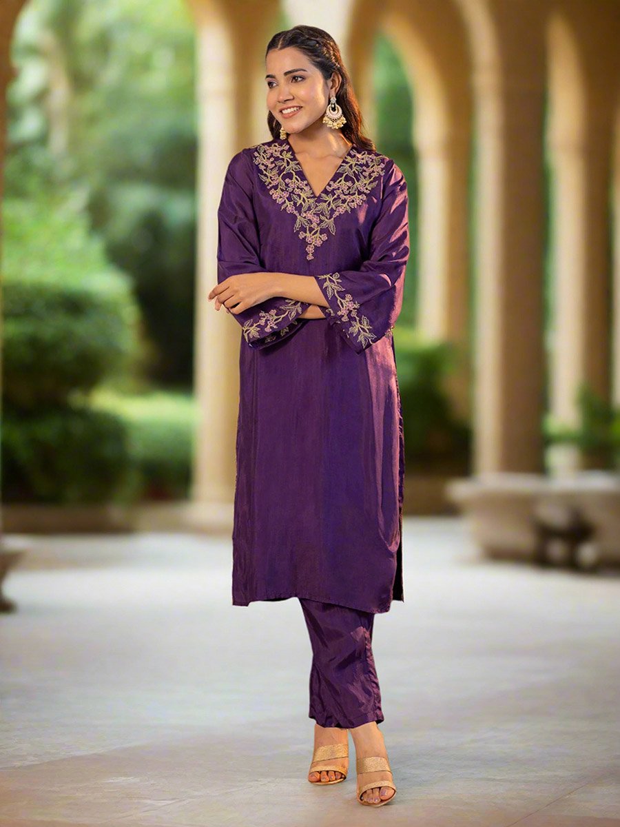 Purple Upada Silk Embroidered Tunic and Pants Co-Ords