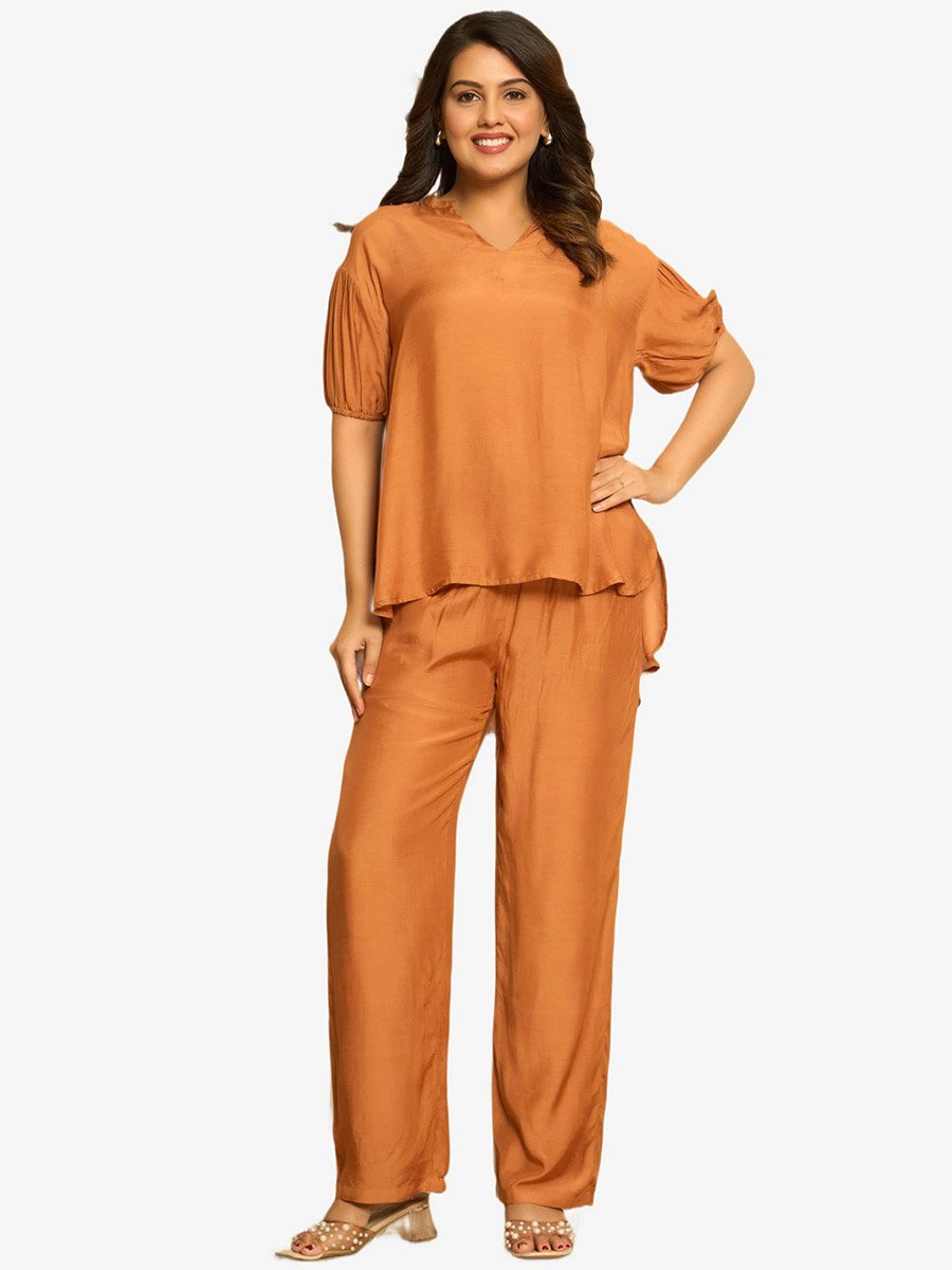 Women Orange Muslin Top and Pants Co-Ords