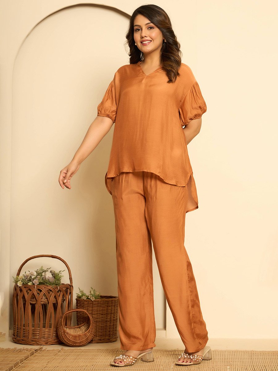 Women Orange Muslin Top and Pants Co-Ords