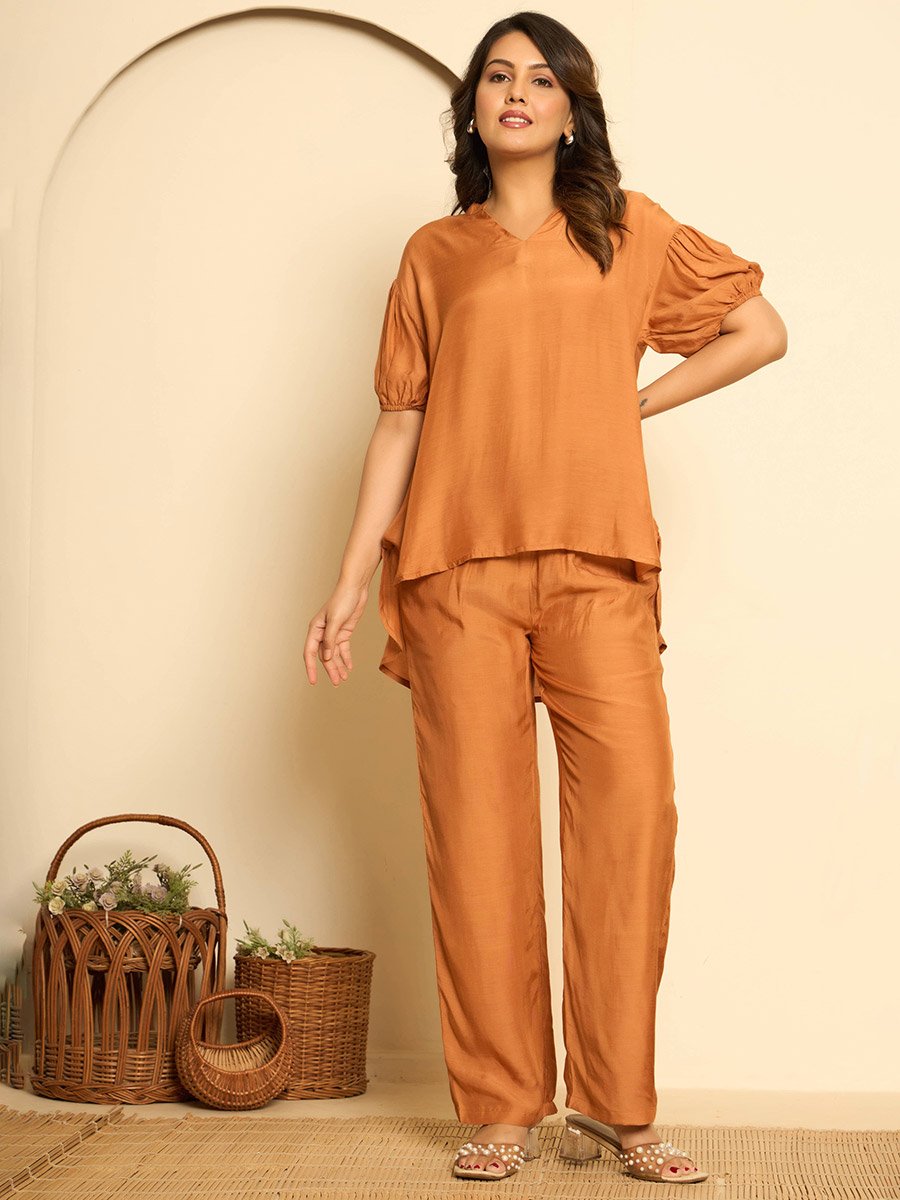 Women Orange Muslin Top and Pants Co-Ords