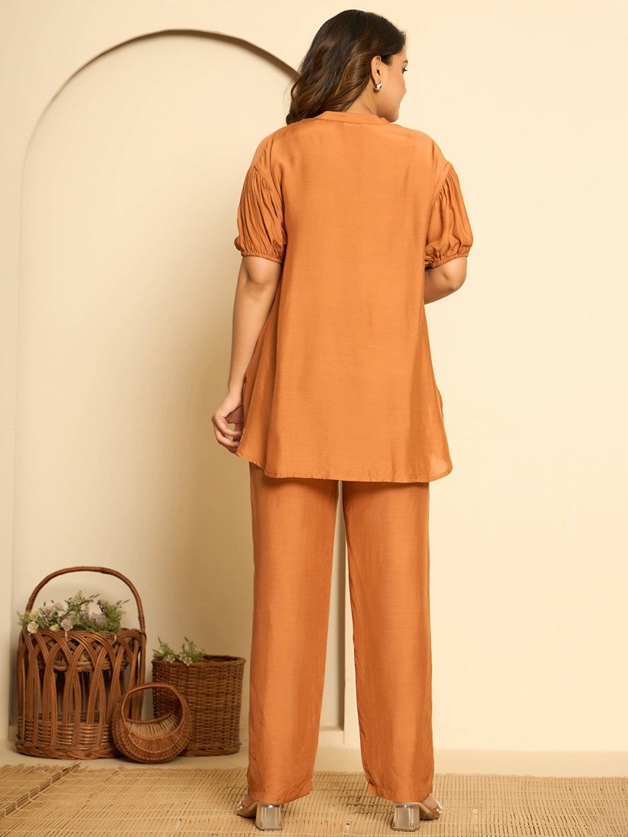 Women Orange Muslin Top and Pants Co-Ords