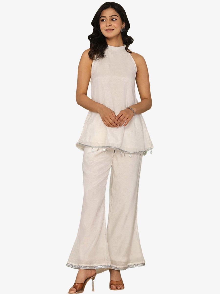 Women White Sleeveless Halter-Neck Top and Pants Co-Ords