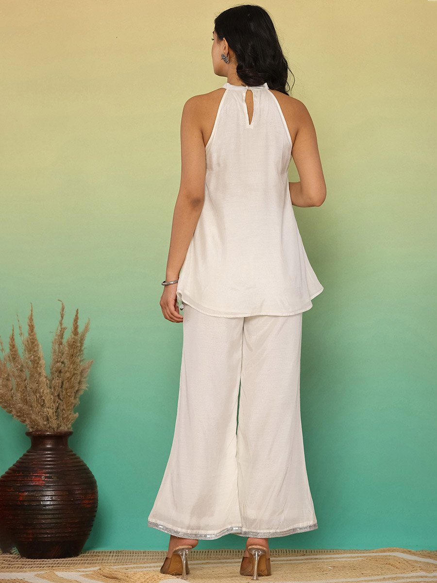 Women White Sleeveless Halter-Neck Top and Pants Co-Ords
