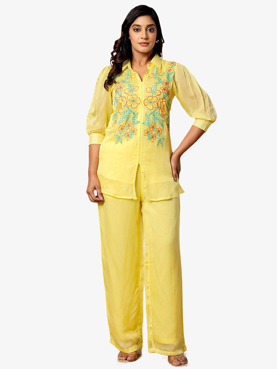 Women Yellow Embroidered Organza Top and Pants Co-Ords