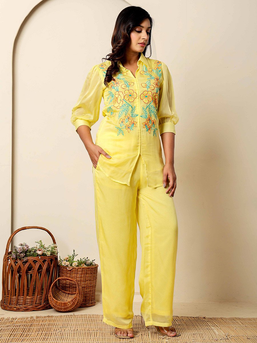 Women Yellow Embroidered Organza Top and Pants Co-Ords